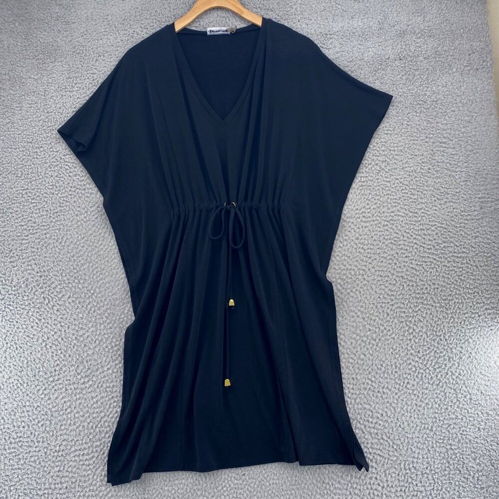 Calvin Klein Dress Womens 4 Black Stretch Mini V Neck Tunic Cinched Waist Knit
